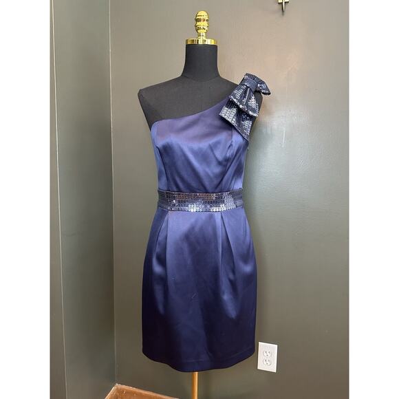 Laundry Shelli Segal Blue Sequin Bow One Shoulder Cocktail Party Dress Holiday 6 - Picture 1 of 9